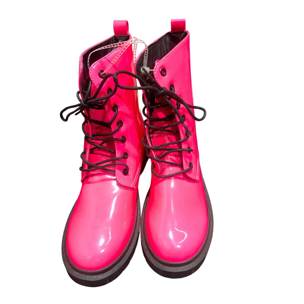 Wild Diva Womens Neon Pink Patent Lace Up Combat Boots Lug Sole Size 8